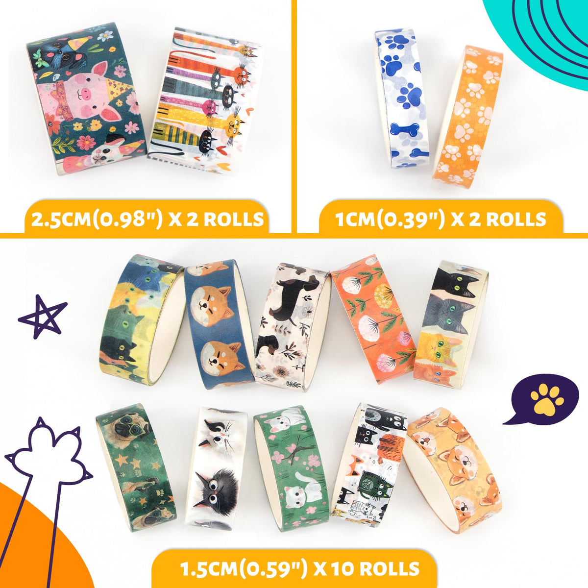 KOVANO Washi Tape Set 14 Rolls, Cute Animal Decorative Tape, Cats Puppies Pugs Designs Washi Tapes for Scrapbooking Supplies, Journaling Supplies, Crafts