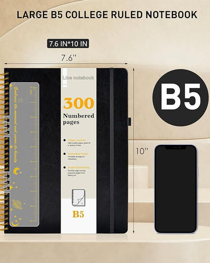 B5 Spiral Notebook Journal 7.6” x 10”, 300 Numbered Pages Hardcover Leather Journals for Women Men, Large Lined College Ruled Notebooks, 100GSM Thick Paper, Spiral Bound Journal for Work School, Black