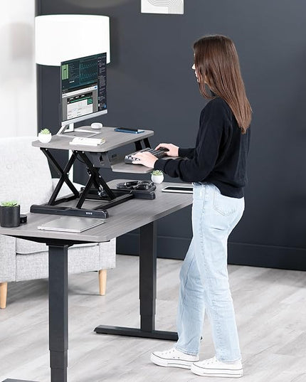 VIVO 26 inch Desk Converter, K Series, Height Adjustable Sit to Stand Riser, Dual Monitor and Laptop Workstation with Keyboard Tray, Gray Top, Black Frame, DESK-V026KG