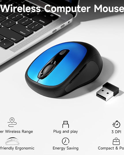 memzuoix Wireless Mouse, 2.4GHz Nano Receiver, 3 DPI Levels (800/1200/1600), 6 Buttons, Compatible with PC/Mac/Laptop (Blue)