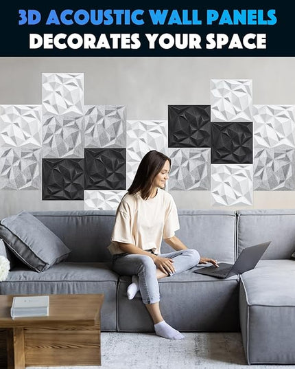 Acoustic 3D Wall Panels,12Pack Sound Proof Felt Panels for Interior Wall Décor, Hollow Sound Absorbing Panel for Studio, Living Room, Home, Hotel, 12''x12'' Cover 24 sq ft (Black, 12 Pack)