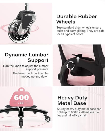 Big and Tall Office Chair 600lbs with 3D Flip Arms, Heavy Duty Large Executive Computer Desk Chair Ergonomic Mesh High Back Plus Size Chair for Adults