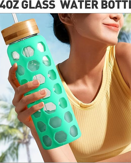 MUKOKO Glass Water Bottles, 24oz Glass Tumbler with Straw, Drinking Bottles with 2 Lids-Handle Spout Lid&Bamboo Straw Lid, Motivational Water Bottle with Time Marker and Silicone Sleeve, 1 Pack-Green
