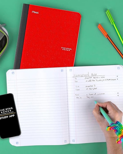 Five Star Composition Book + Study App, 4 Pack, Wide Ruled Paper, 7-1/2" x 9-3/4", 80 Sheets, Forest Green, Tidewater Blue, Fire Red and Harvest Yellow (950033B-ECM)
