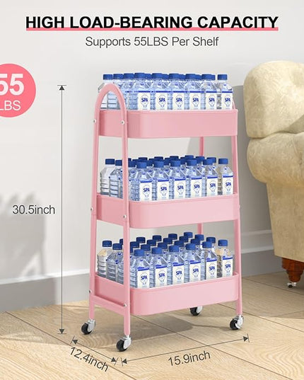 EAGMAK 3 Tier Utility Rolling Cart, Metal Storage Cart with Handle and Lockable Wheels, Multifunctional Storage Organizer Trolley with Mesh Baskets for Kitchen, Living Room, Office, Garage (Pink)