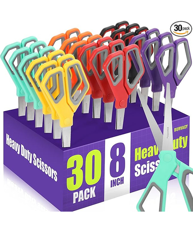BURVAGY 30Pack 8" Scissors All Purpose, Heavy Duty Scissors with Ultra Sharp Blades Comfort Grip Handles - For Office Home School Sewing Fabric Crafts, High/Middle School Student Teacher Scissor
