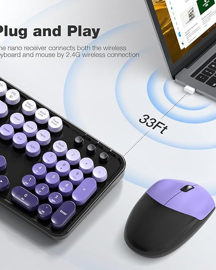 MOFII Wireless Keyboard and Mouse Combo, Full Size 2.4G Plug and Play Typewriter Retro Round Computer Keyboard and Mouse Set for Windows, Computer, Desktop, PC, Notebook - (Black Purple Gradient)