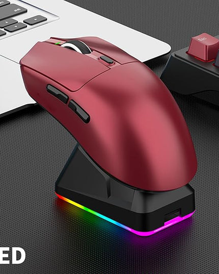 Lightweight Gaming Mouse, RGB Light 3 Mode Connection with 6 Adjustable DPI 800 12000, 7 Customizable Buttons, with Magnetic Charging Base (Red)