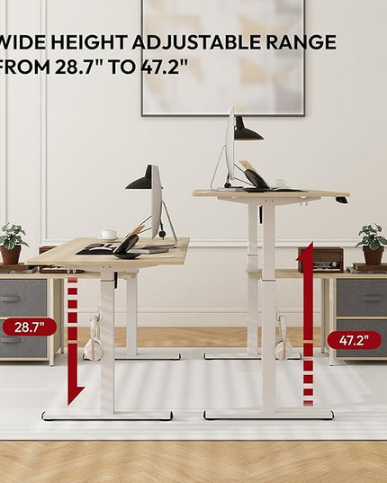 SANODESK 63'' L Shaped Standing Desk with 2-Drawer File Cabinet, Electric Height Adjustable Stand up Desk w/USB Charge Ports, Home Office Modern Wood Computer Desk with Shelves,White Frame/Maple Top