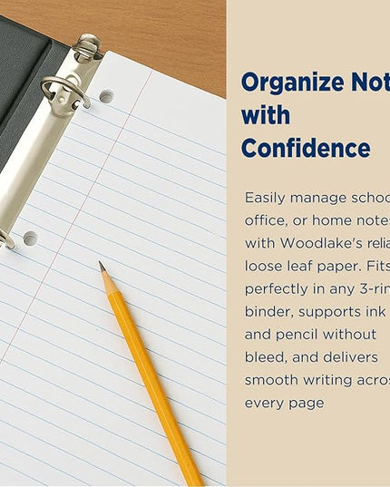 Woodlake Loose Leaf Paper, Wide Ruled Notebook Paper, 8 x 10.5”, 150 Sheets per Pack, 3 Pack Bulk Lined Filler Paper, 3 Hole Punched, 60gsm, Made in USA