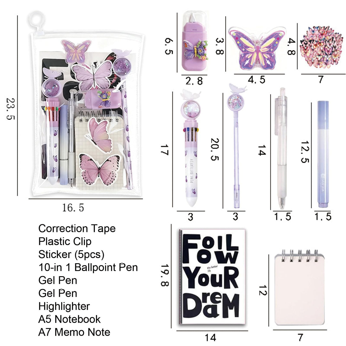 MOZXIRZ 9 Pcs Cute Butterfly Stationery Set for Women Back to School Supplies Office Supplies Kawaii Stationery Gift (Butterfly-Purple)