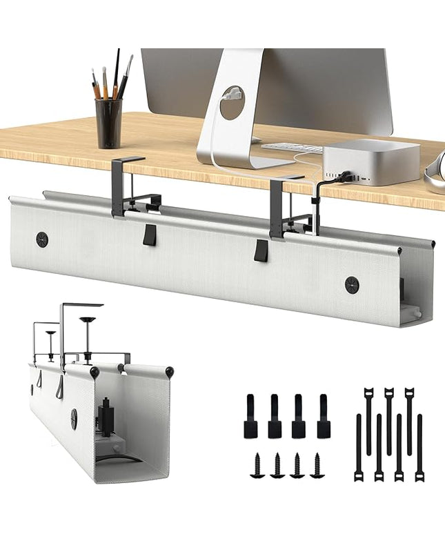 Under Desk Cable Management Tray, 40-inch No-Drill Cord Organizer with Anti-Sag Reinforced Base, Fabric Wire Management Hider for Standing Desk, Office & Gaming Accessories - Grey