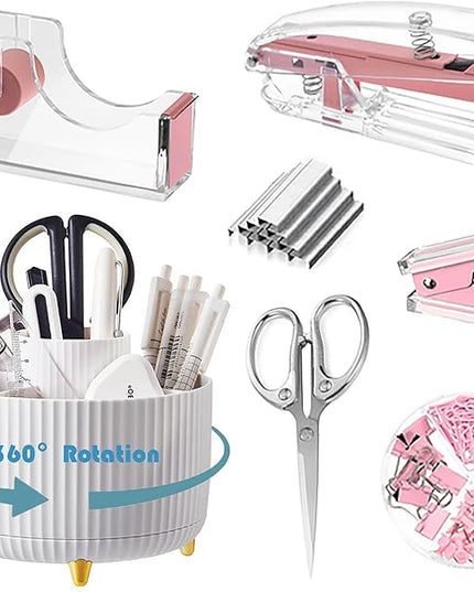 Desk Organizers and Accessories Set with 360-Degree Rotating Pen Holder, Acrylic Stapler, Tape Holder, Staple Remover, Binder/Paper Clips Kit, Scissor and 1 Box of Staples
