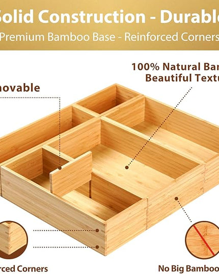 Umilife Drawer Organizer Storage Boxes, 2.5" High Bamboo Drawer Dividers, 5 Rearrangeable Bins for Kitchen, Office Desktop, Clothing, Makeup, vanity, Jewelry