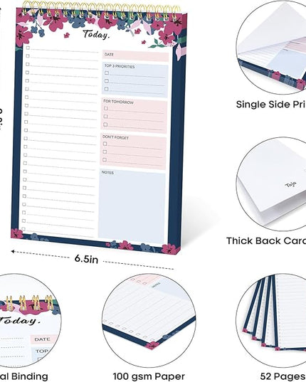 Taja To Do List Notepad - To Do List Notebook for Work with 52 Sheets, 9.8" x 6.5", Undated Daily Planner Perfect for Daily Tasks and Goal Setting, Notepad Suitable for Office, Home & School - Twilight Petals