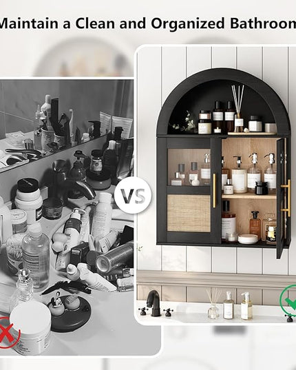 RUSTOWN Arched Bathroom Wall Cabinet, Rattan Medicine Cabinet with 2 Glass Doors, Farmhouse Over The Toilet Storage Cabinets with Adjustable Shelves, 3-Tier Wall Mounted Cabinets
