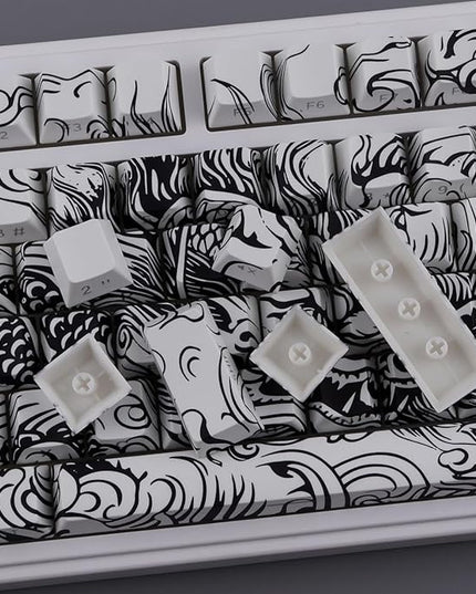 Tsungup PBT Keycaps,138 Keys Custom Cool Dragon Pattern Side Printed Keycaps,Cherry Profile Key Caps Keyboard Keycap Set for 60% 65% 75% 80% 100% MX Switches Mechanical Keyboard(White)