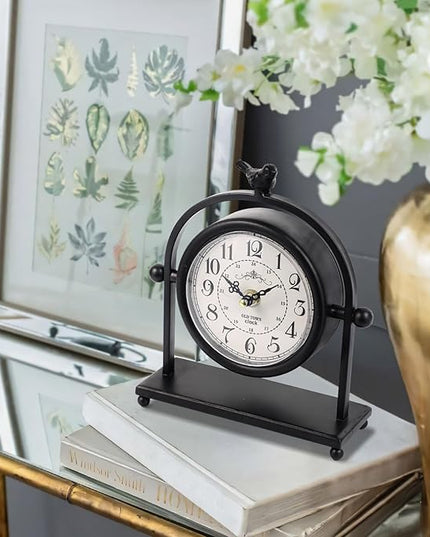 MODE HOME Silent Battery Operated Black Metal Analog Desk Clock with Bird, Small Table Clock for Farmhouse Decor, Mantel Shelf, Home and Living Room