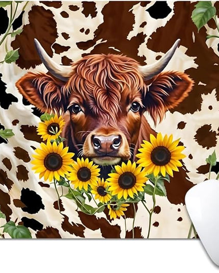 Western Highland Cow Sunflowers and Cowhide Brown Square Mouse pad, Texture, Waterproof, Anti Slip Rubber Base, Computer Mouse pad