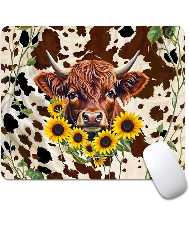 Western Highland Cow Sunflowers and Cowhide Brown Square Mouse pad, Texture, Waterproof, Anti Slip Rubber Base, Computer Mouse pad