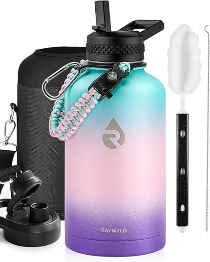 Insulated Water Bottle 64 oz, Triple Wall Vacuum Stainless Steel (Cold for 48 Hrs), Leak Proof & Non-BPA, Half Gallon Water Flask Jug with Paracord Handle & Straw Spout Lids, Hydrangea