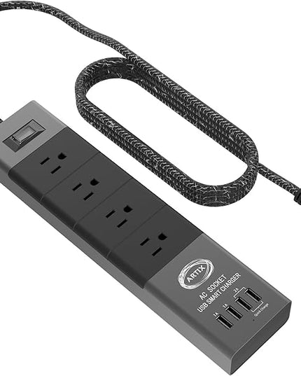 Power Strip Surge Protector by Artix NRGPower C500, Aluminum with Scratch-Proof Rubber Protective Outlets, 4 Outlets and 4 USB Ports, iSmart Technology Charging Station (Black & Gray)