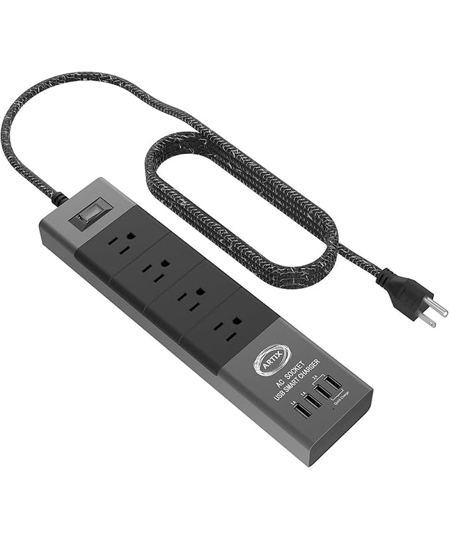 Power Strip Surge Protector by Artix NRGPower C500, Aluminum with Scratch-Proof Rubber Protective Outlets, 4 Outlets and 4 USB Ports, iSmart Technology Charging Station (Black & Gray)