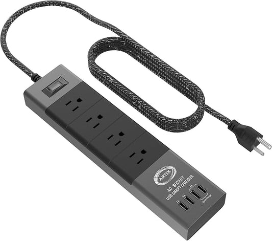 Power Strip Surge Protector by Artix NRGPower C500, Aluminum with Scratch-Proof Rubber Protective Outlets, 4 Outlets and 4 USB Ports, iSmart Technology Charging Station (Black & Gray)