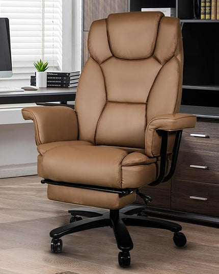 Reclining Office Chair with Footrest, Big and Tall Home Office Desk Chairs 400lbs with High Back, Criss Cross Wide Seat, Heavy Duty Base, Pu Leather, Brown