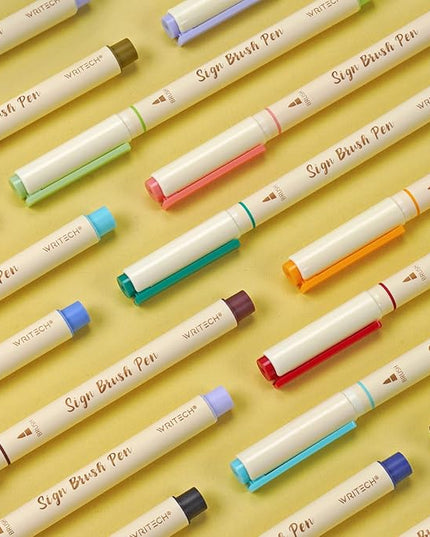 WRITECH Arts Sign Brush Pen Brush Tip Marker Felt Tip Water Based Ink Color Pens 12 Assorted Pastel Colors Great for Lettering, Journaling, Calligraphy (Natural)