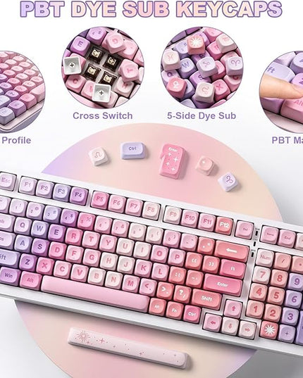 YUNZII 140 Keys MOA Keycaps, Dye-Sublimation PBT Custom Keycap Set for MOA Profile, Cute Purple Gradient Keycap for MX Switches Mechanical Gaming Keyboard(Purple)