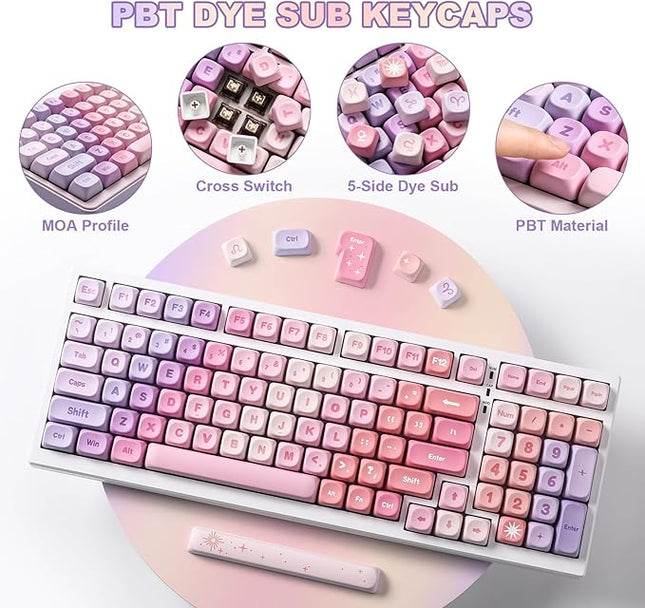 YUNZII 140 Keys MOA Keycaps, Dye-Sublimation PBT Custom Keycap Set for MOA Profile, Cute Purple Gradient Keycap for MX Switches Mechanical Gaming Keyboard(Purple)