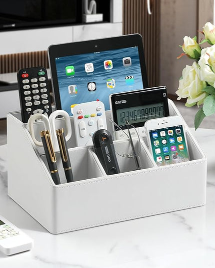 MEIBOOCH PU Leather Desk Organizer, Luxury Remote Control Holder for Home, Office Desk Accessories Table Caddy Bedside Nightstand Organizer (White)