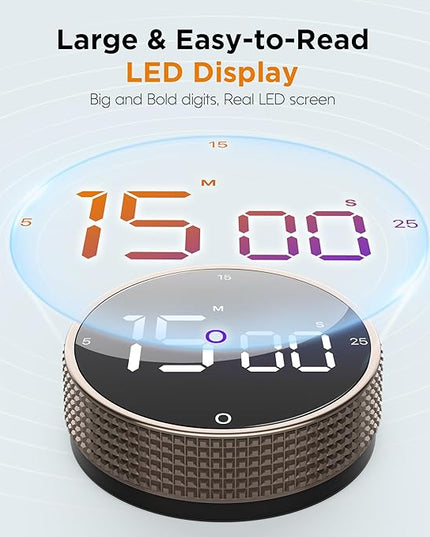 Upgrade Digital Kitchen Timer - Magnetic Countdown Countup Visual Pomodoro Timer with Large LED Display, 3-Preset Times (5, 15, 25), 3 Volume Levels, Ideal for Cooking, Baking and Fitness (2, Tarnish)
