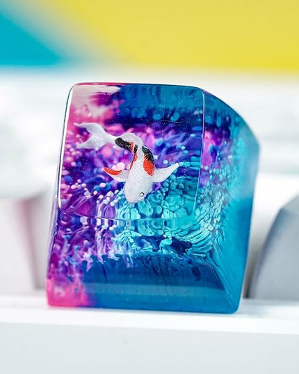 Kohaku Koi Artisan Keycap Blue and Purple Ocean R1 SA Profile Custom Keycaps 1U ESC Handmade Gaming Resin Key Cap Cherry MX Switch Compatible Mechanical Keyboard Koi Lover Gift