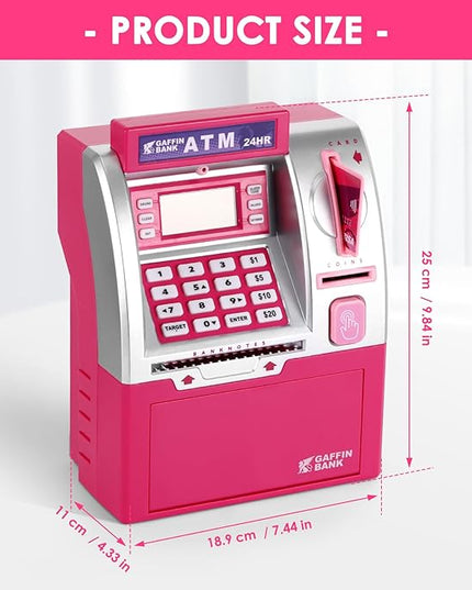 ATM Piggy Bank with Card and Password, Electronic Savings Bank Machine for Real Money, Mini ATM Coin and Cash Deposit Box with Target Setting, Clock and Sound – Pink Dollar Edition