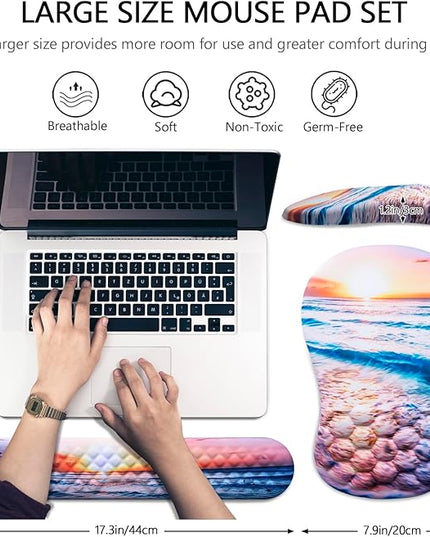 Mouse Pad Wrist Support, Laokiiy 2 in1 Keyboard Wrist Rest+ Ergonomic Mouse Pad, Non-Slip Wrist Rest for Computer Keyboard, Made Easy Typing & Relieve Wrist Pain(Sunrise Beach)