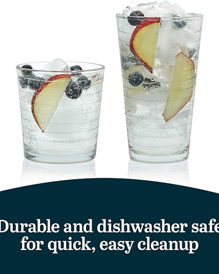 Libbey Hoops Tumbler and Rock Glass Set, Two Sized Nostalgic Retro Glass Cups Set, Dishwasher Safe Glasses Drinking Set of 16 for Any Occasion