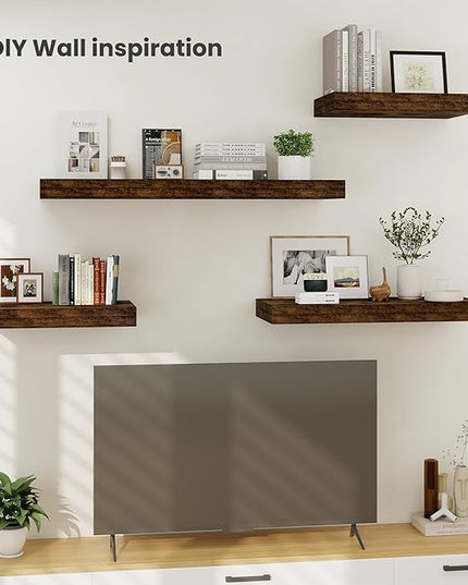 Heimlove 12" Deep Floating Shelves, 36 x 12 Inch Wall Mounted Long Floating Shelf with Invisible Brackets, for Home Decor, Bedroom, Kitchen, Living Room, Bathroom - 2 Pack, Rustic Brown