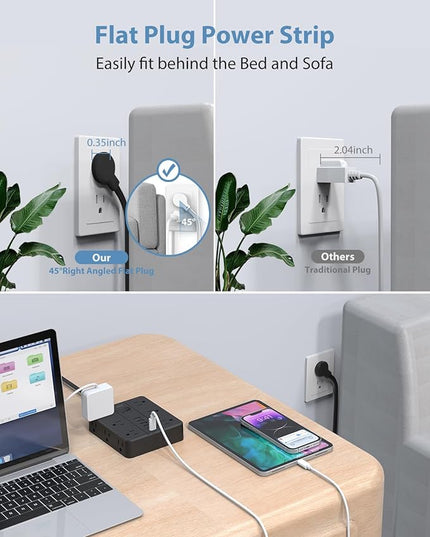 Power Strip Flat Plug with 12 Outlets 6 USB(2 USB C),SMNICE Surge Protector Charging Station with Overload Protection,5ft Extension Cord Widely Spaced Multiple Outlets for Home Office Dorm,Black