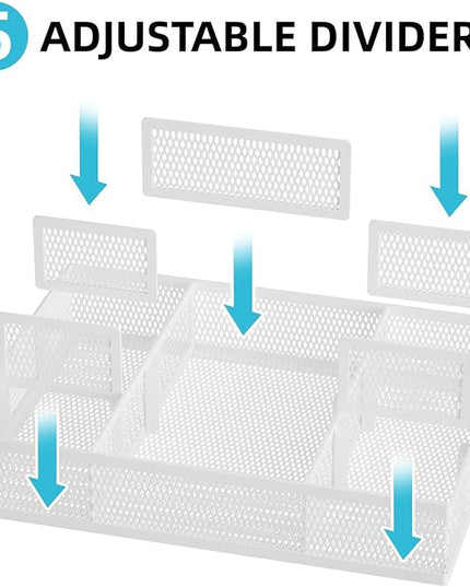 Marbrasse 2 Pack Desk Drawer Organizer, Mesh Drawer Organizer Tray with 8 Adjustable Compartments, Desk Organizers and Accessories, 5 Dividers for Office Supplies, Makeup & Vanity (White)
