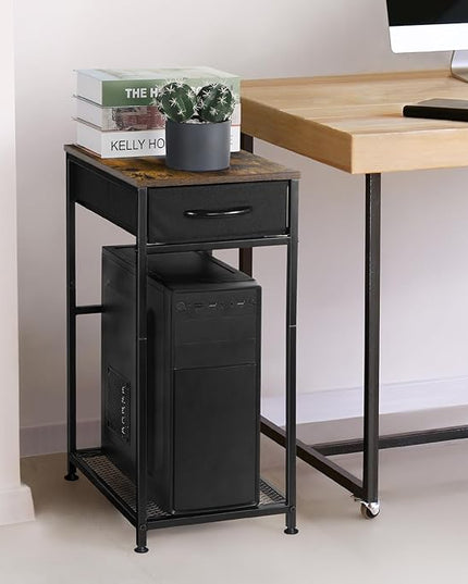YBING Computer Tower Stand PC Tower Stand with Storage Drawer Mobile CPU Holder Stand with Caster Wheels 2 Tier Rolling Computer Tower Cart for Home Office Fax, Rustic Brown