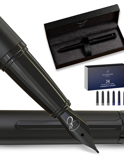 Ellington Pens Luxury Fountain Pen Set - Fountain Pens for Writing - Smooth Nib - 24 Ink Cartridges Special Bundle - Includes Refillable Ink Converter, Calligraphy, Journaling, Sketching (The Stealth)