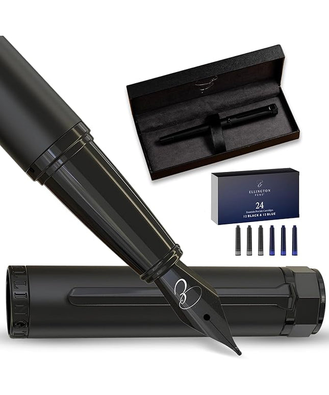 Ellington Pens Luxury Fountain Pen Set - Fountain Pens for Writing - Smooth Nib - 24 Ink Cartridges Special Bundle - Includes Refillable Ink Converter, Calligraphy, Journaling, Sketching (The Stealth)