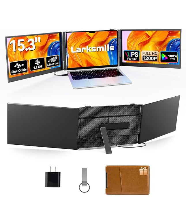 Larksmile Triple Laptop Screen Extender, One Cable Setup 15.3" Portable Monitor for Laptop, 16:10 FHD 1200P Triple Monitor, 100% sRGB Ultra Light External Display for Mac Windows Business Travel