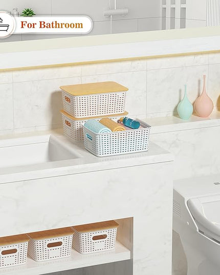 Plastic Storage Baskets With Bamboo Lid - Plastic Storage Containers Stackable Storage bins: Storage Baskets for Organizing Shelves Drawers Desktop Closet Playroom Classroom Office, 6 Pack