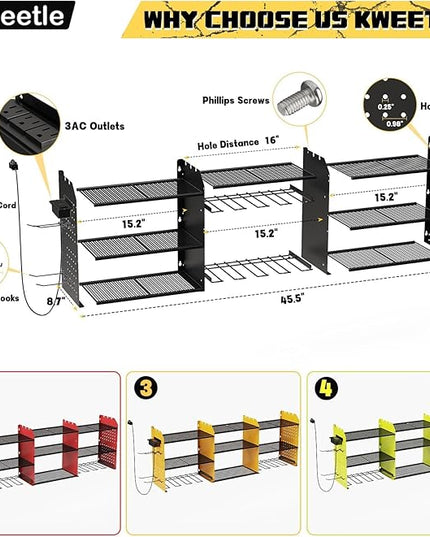 45" Power Tool Organizer Wall Mount with Charging Station - 3 Layer Storage Racks with 8 Cordless Drill Holder, 4 Hooks, Heavy Duty Garage Tool Organizer Storage for Workshop Shed Pegboard Basement