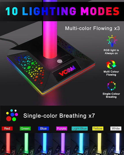 RGB Gaming Headphones Stand with 2 USB Ports Headset Stand with 10 Light Modes and Non-Slip Rubber, Suitable for All Earphone Accessories, Best Gift for Husband, Kids, Boyfriend