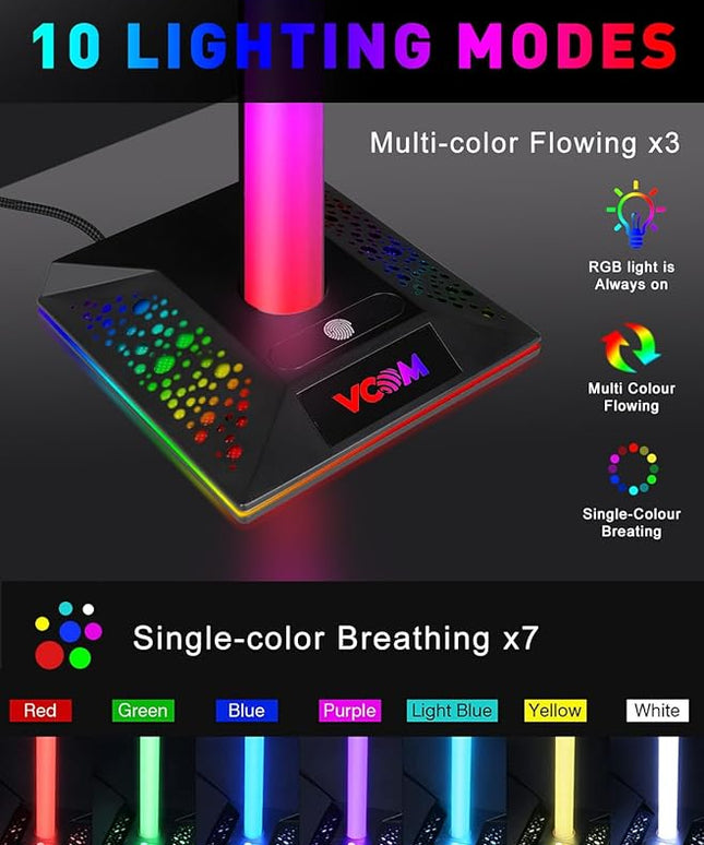 RGB Gaming Headphones Stand with 2 USB Ports Headset Stand with 10 Light Modes and Non-Slip Rubber, Suitable for All Earphone Accessories, Best Gift for Husband, Kids, Boyfriend