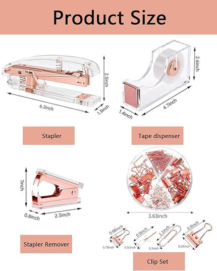 suniya Office Supplies,Desk Accessories,with Stapler,Tape Dispenser,Staple Remover,Scissor,Ballpoint Pen,Clear Tape,Staples,Binder,Best Gift Set(Rose Gold)